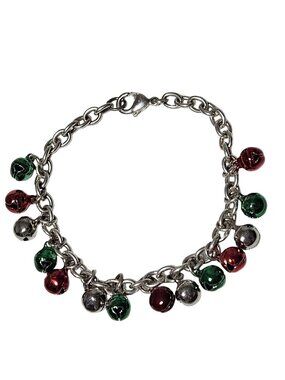 Christmas Jingle Bell Charm Bracelet Red Green Silver Tone Chain Holiday Festive